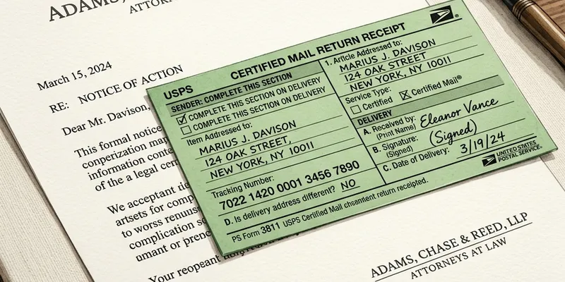 Illustration of a USPS Certified Mail green return receipt card resting on a formal legal letter